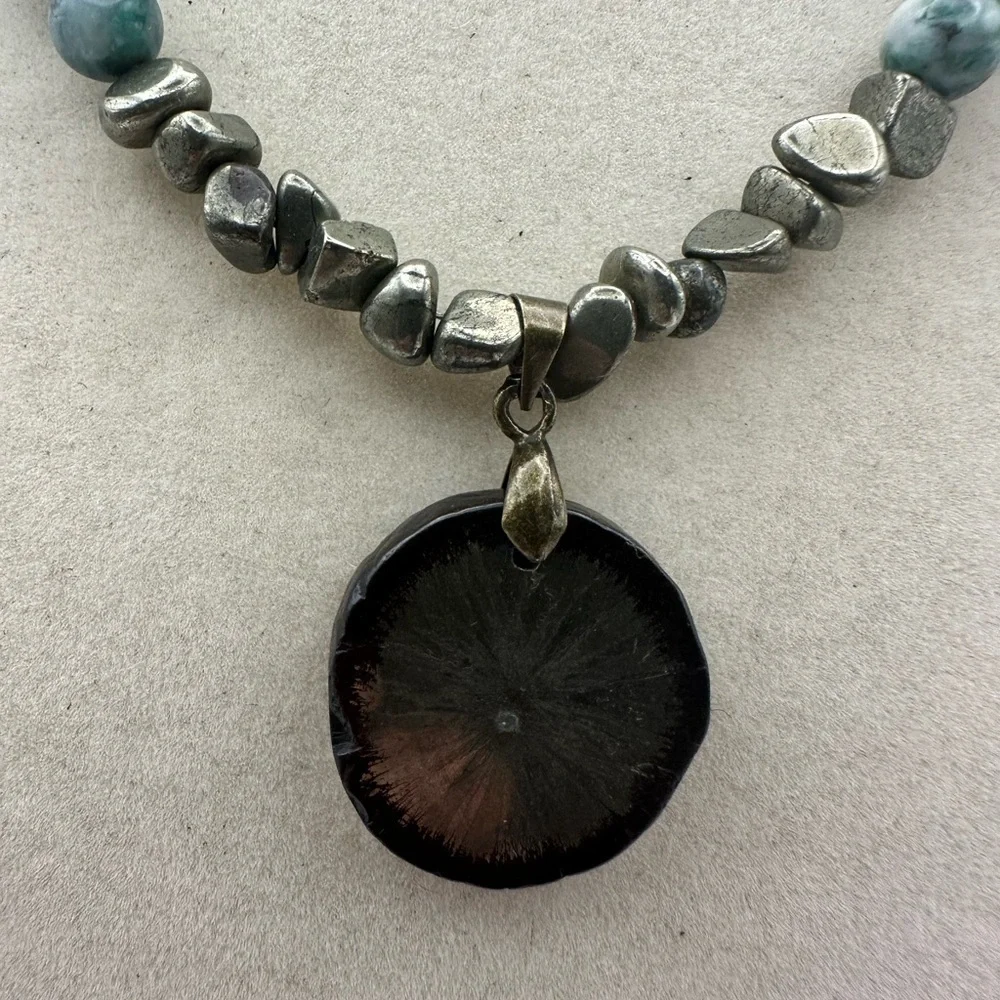 Pyrite and Jade Beaded Necklace with Pyrite Sun Pendant